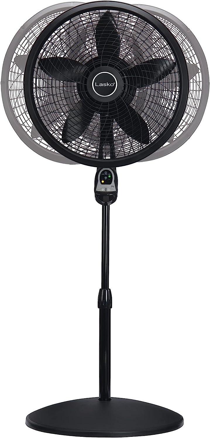 Lasko Oscillating Cyclone Pedestal Fan, Adjustable Height, Timer, Remote Control, 3 Speeds, for Bedroom, Living Room, Home Office, 18", Black, 1843
