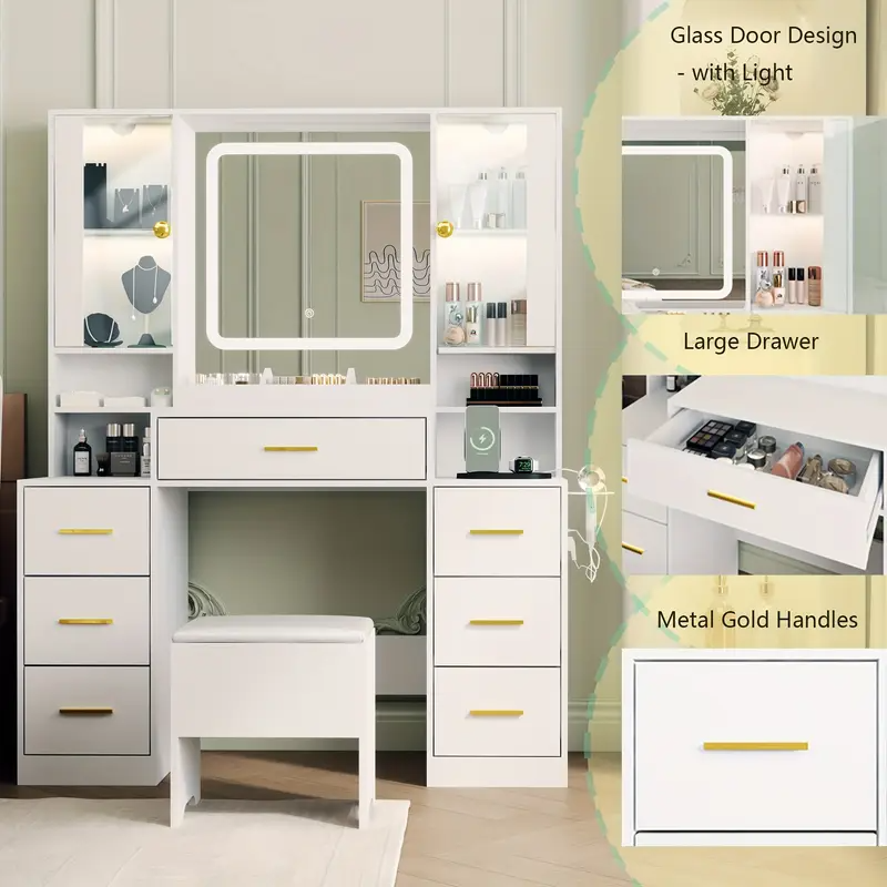 Espejo de tocador con luces Escritorio con silla y gabinete de vidrio LED, tocador con espejo iluminado y toma de corriente, tocador con 7 cajones