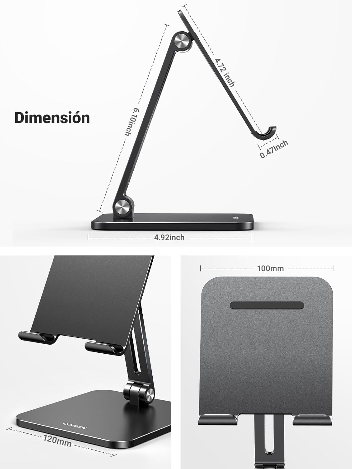 UGREEN Soporte para Tablet iPad Celular, Base Stand Plegable de Aluminio, Ajustable de 7.9' a 12.9'' para Tablet, Compatible con iPad Mini Pro Air, Galaxy Tab, Kindle, Switch,