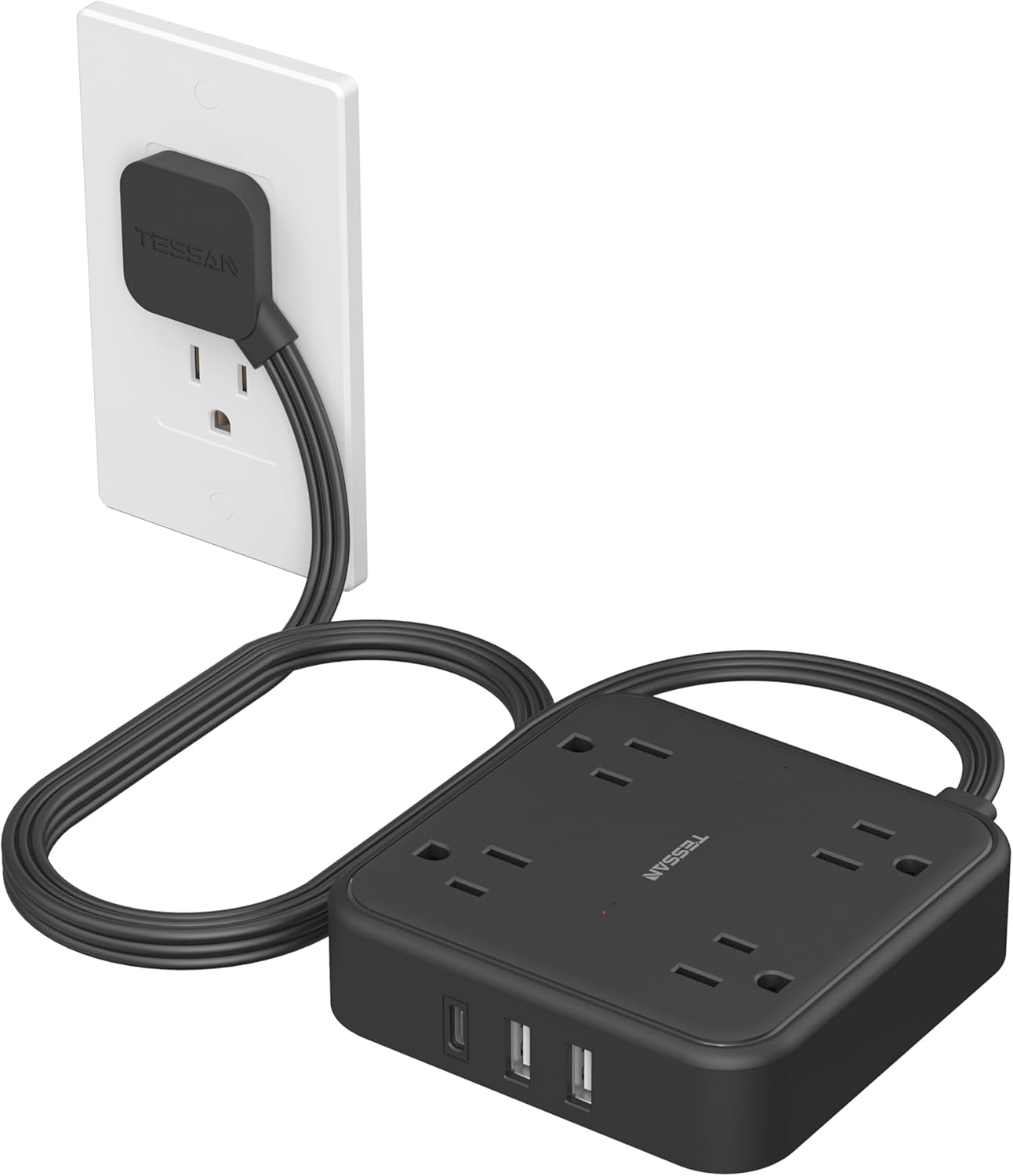 TESSAN Regleta Multicontacto con Protector de Sobretensión, 1.5M Plana Extension Electrica, Enchufe Plano Conector Multiple con 4 Salidas y 3 USB (1 USB C), Hogar Oficina Dorm, Gris