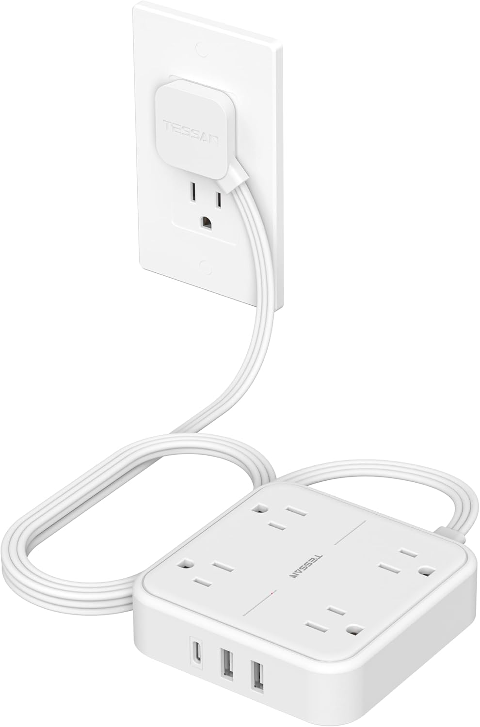 TESSAN Regleta Multicontacto con Protector de Sobretensión, 1.5M Plana Extension Electrica, Enchufe Plano Conector Multiple con 4 Salidas y 3 USB (1 USB C), Hogar Oficina Dorm, Gris