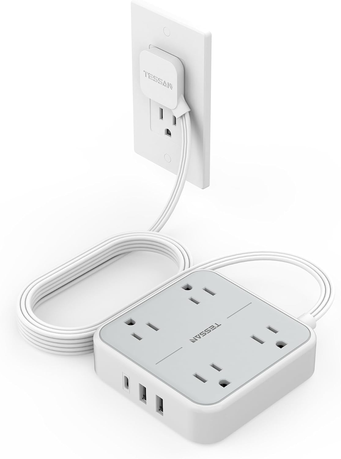 TESSAN Regleta Multicontacto con Protector de Sobretensión, 1.5M Plana Extension Electrica, Enchufe Plano Conector Multiple con 4 Salidas y 3 USB (1 USB C), Hogar Oficina Dorm, Gris