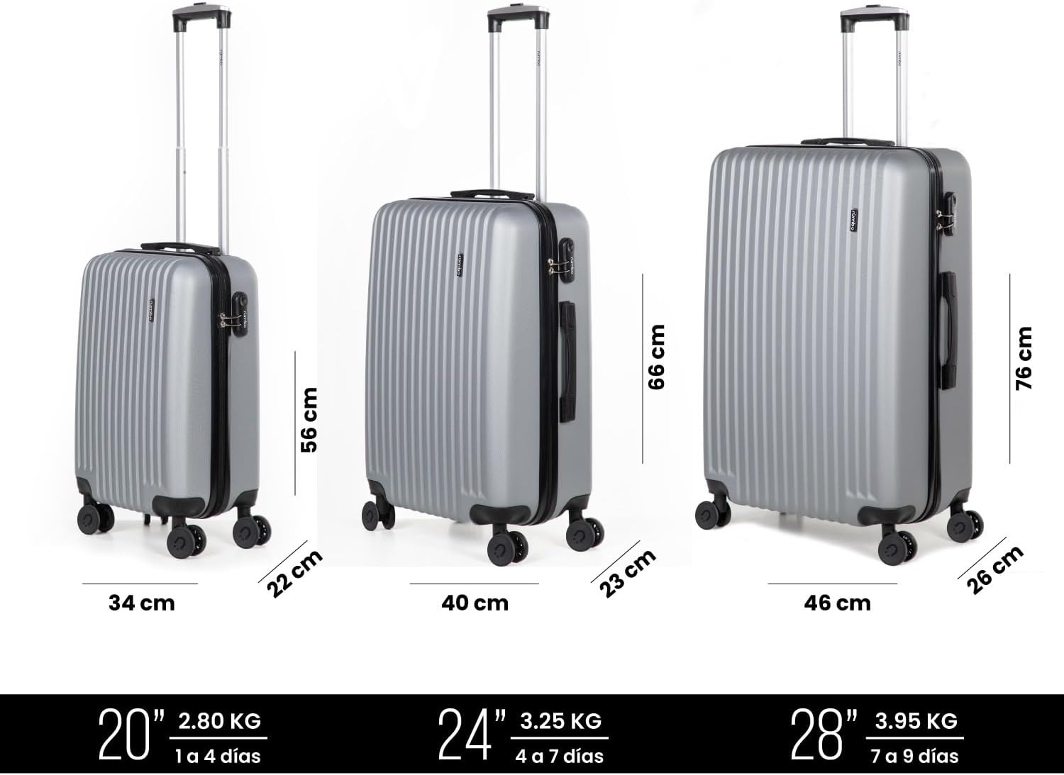 RUMBO | Juego de Maletas De Viaje Rígidas 4 Pzas – Maletas ABS Resistente Gris Plata – Ruedas Giratorias 360°