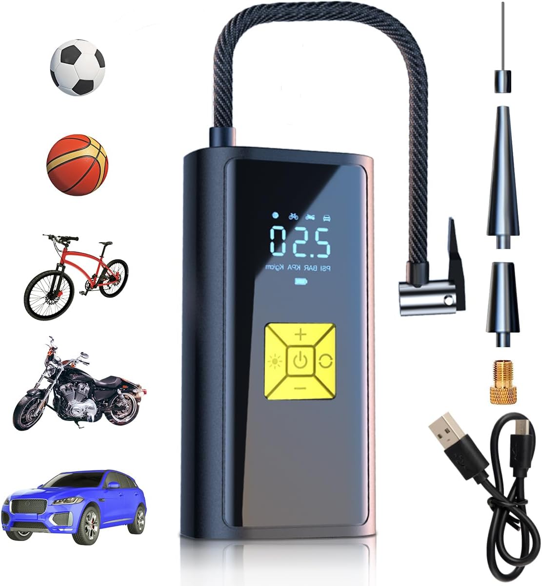 MXCOCO Compresor de Aire Portátil, 150PSI 80 W de Alta Potencia con LED Inteligente,Bomba de neumáticos de Coche de 12 V, Adecuado para Inflar y Presurizar Bicicletas, Autos, Motos y Balones