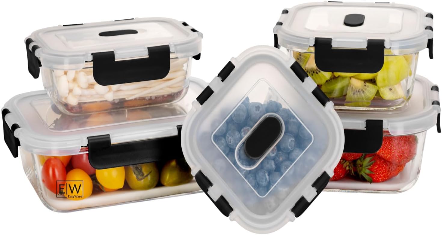 EasyWare JUEGO DE RECIPIENTES DE VIDRIO HERMÉTICO, CONTENEDORES Para Alimentos con Tapas Cierre Fácil, Refractarios para Cocina, Horno, Refrigerador Congelador (JUEGO 10 RECIPIENTES (20 PZ))