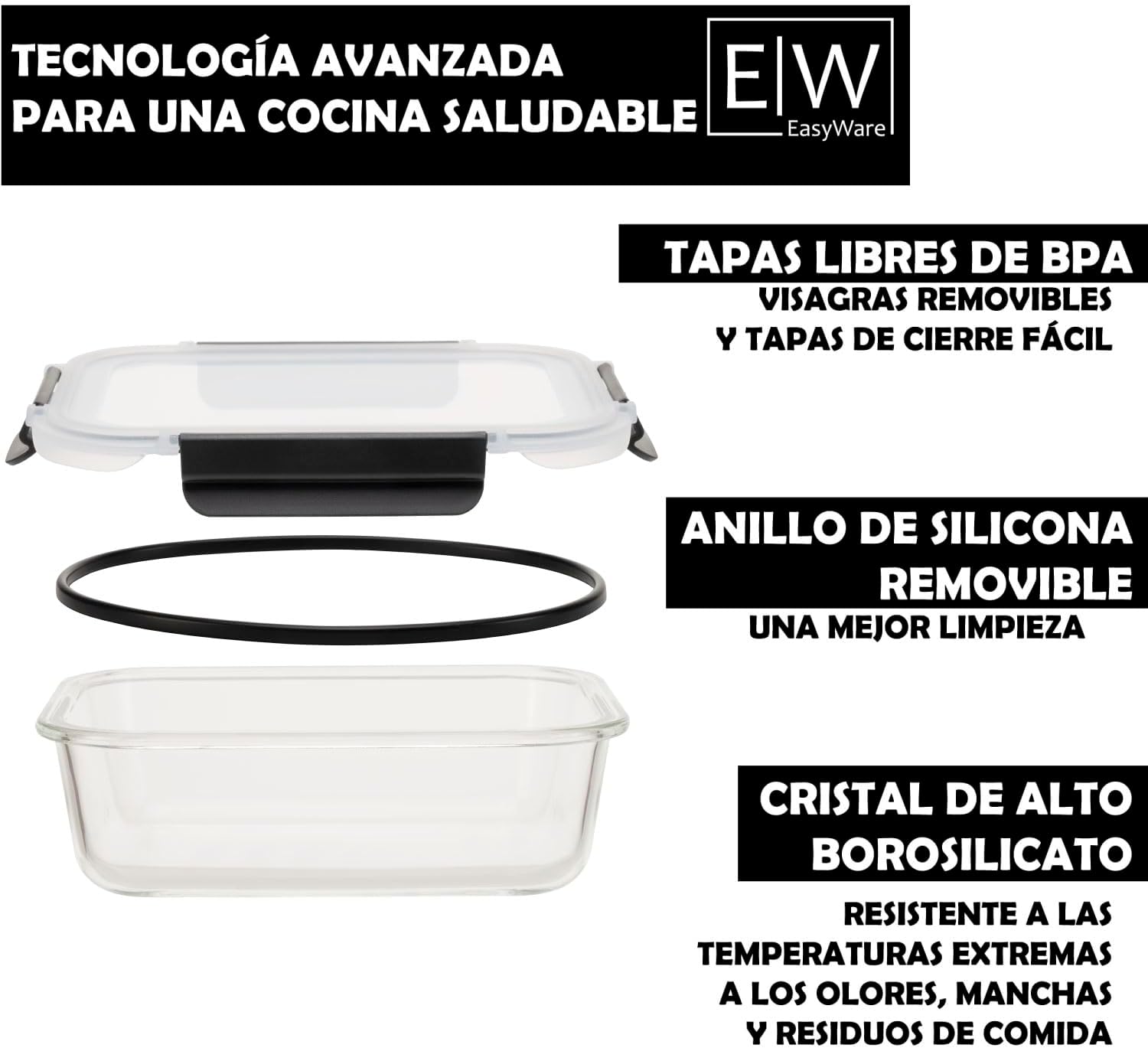 EasyWare JUEGO DE RECIPIENTES DE VIDRIO HERMÉTICO, CONTENEDORES Para Alimentos con Tapas Cierre Fácil, Refractarios para Cocina, Horno, Refrigerador Congelador (JUEGO 10 RECIPIENTES (20 PZ))