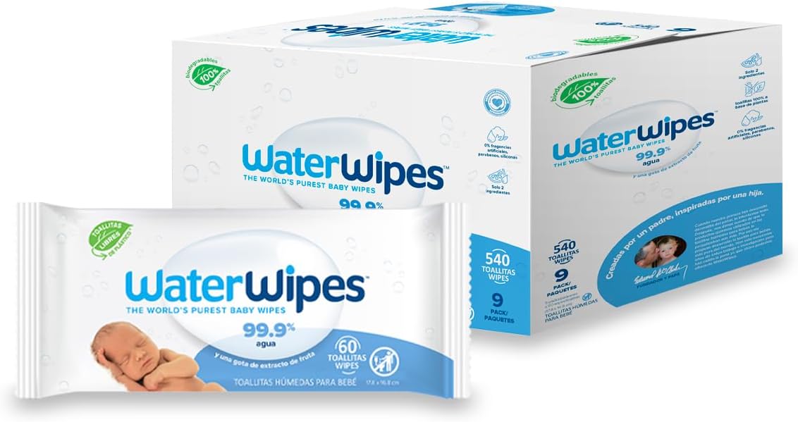 WaterWipes, Toallitas Húmedas para Bebé, 540 Toallitas, Color Blanco
