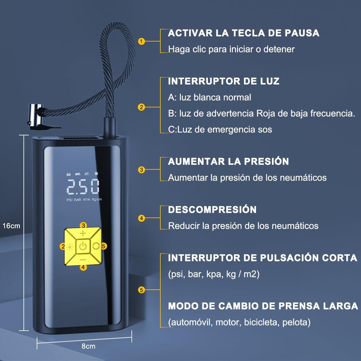 MXCOCO Compresor de Aire Portátil, 150PSI 80 W de Alta Potencia con LED Inteligente,Bomba de neumáticos de Coche de 12 V, Adecuado para Inflar y Presurizar Bicicletas, Autos, Motos y Balones