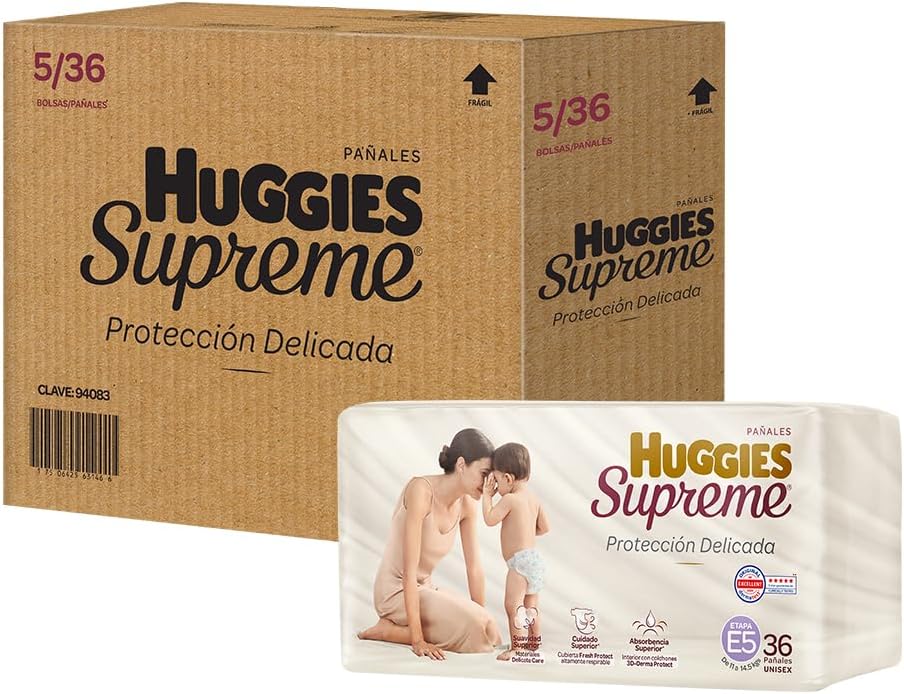 Huggies Supreme Pañal Desechable para Bebé, Etapa 5 Unisex, Caja con 180 Piezas, Ideales para Bebés de 11 a 14.5 kg