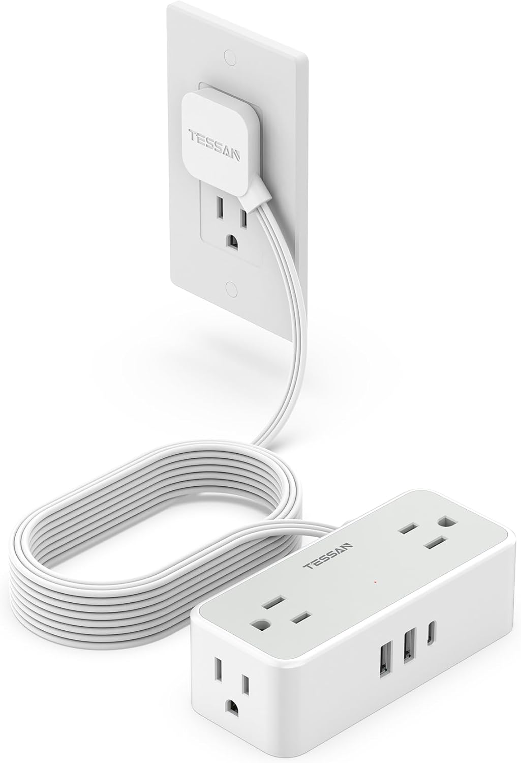 TESSAN Extension Electrica Plano 1.5 M, Plana Regleta Multicontacto Extensión con Protector de Sobretensión, 4 Salidas de CA y 3 USB(1 USB C), Conector Multiple Enchufe para Hogar Oficina Dorm, Gris