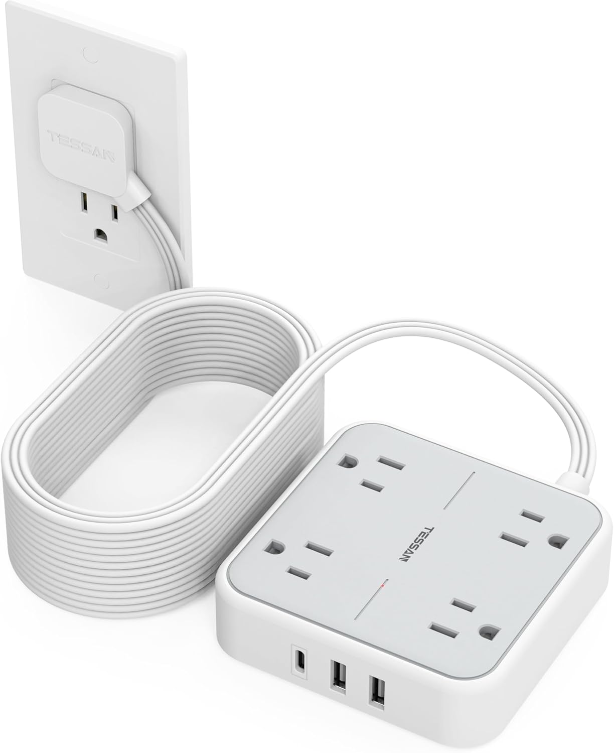 TESSAN Regleta Multicontacto con Protector de Sobretensión, 1.5M Plana Extension Electrica, Enchufe Plano Conector Multiple con 4 Salidas y 3 USB (1 USB C), Hogar Oficina Dorm, Gris