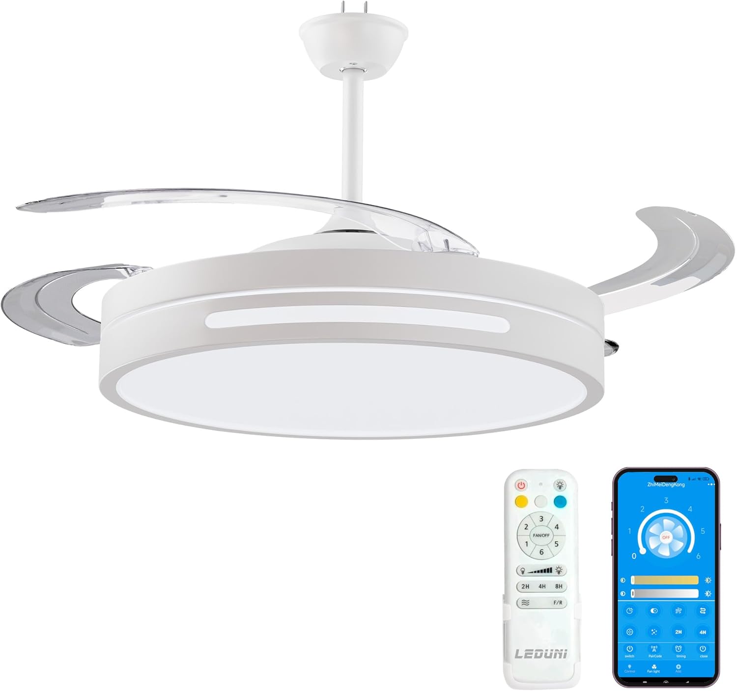 LEDUNI Ventilador con Luz LED con mando+APP 50CM, Motor DC +Luz LED, 66W, temporizador, 6 velocidades, aspas retráctiles, 3 temperaturas de luz, función verano-invierno Silencioso