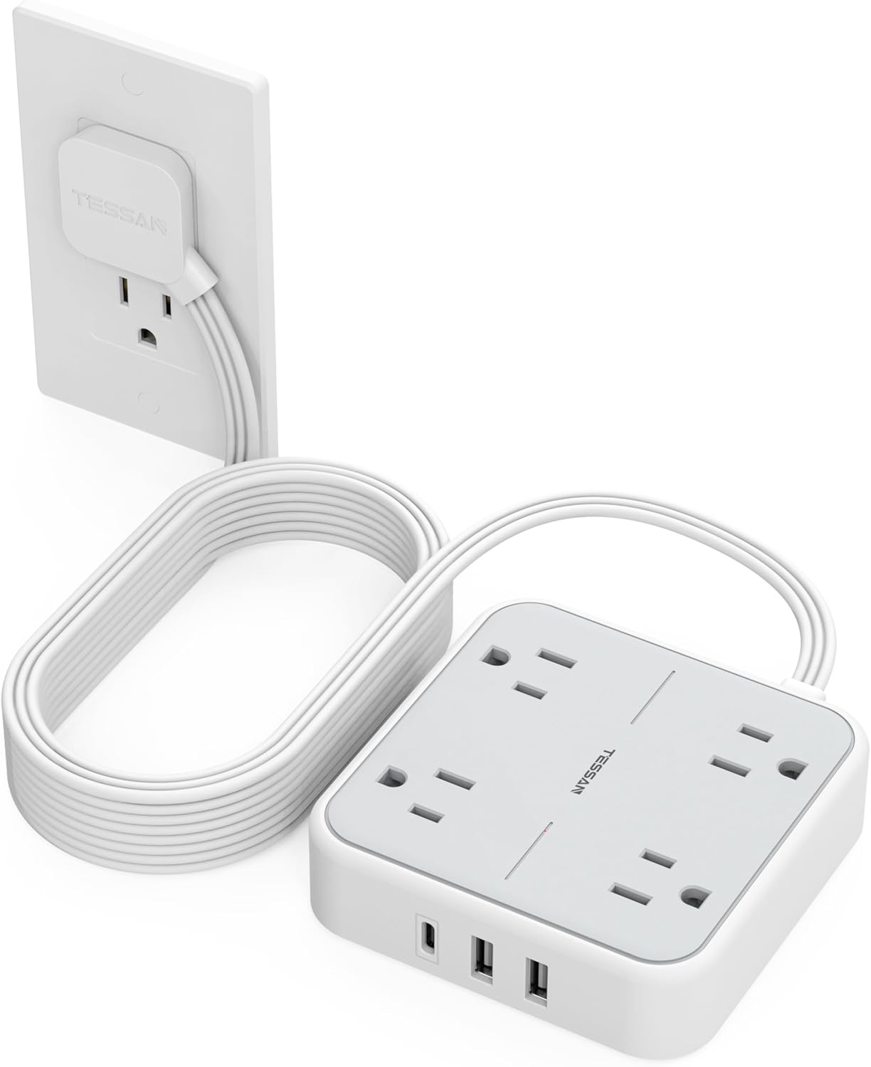 TESSAN Regleta Multicontacto con Protector de Sobretensión, 1.5M Plana Extension Electrica, Enchufe Plano Conector Multiple con 4 Salidas y 3 USB (1 USB C), Hogar Oficina Dorm, Gris