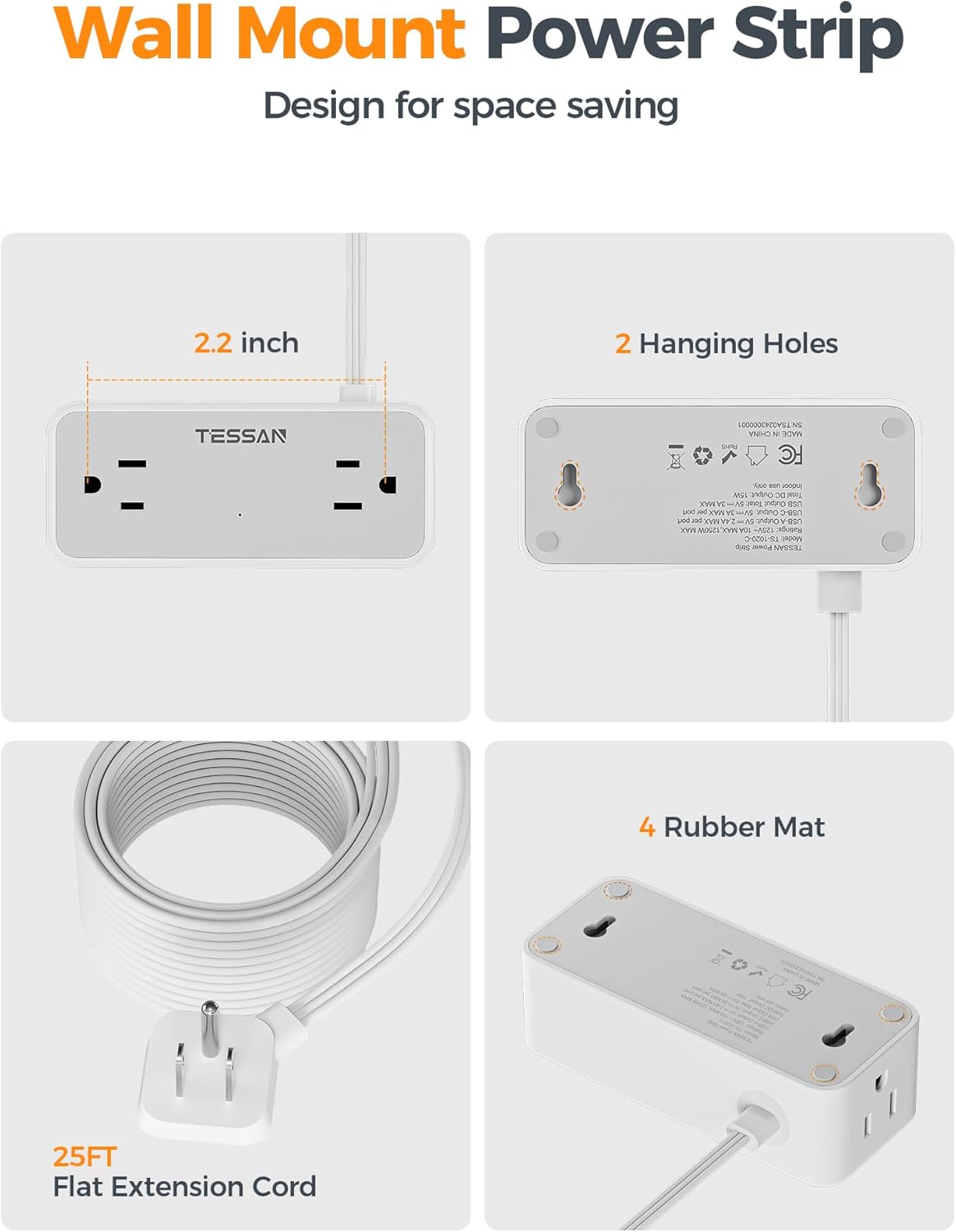 TESSAN Extension Electrica Plano 1.5 M, Plana Regleta Multicontacto Extensión con Protector de Sobretensión, 4 Salidas de CA y 3 USB(1 USB C), Conector Multiple Enchufe para Hogar Oficina Dorm, Gris