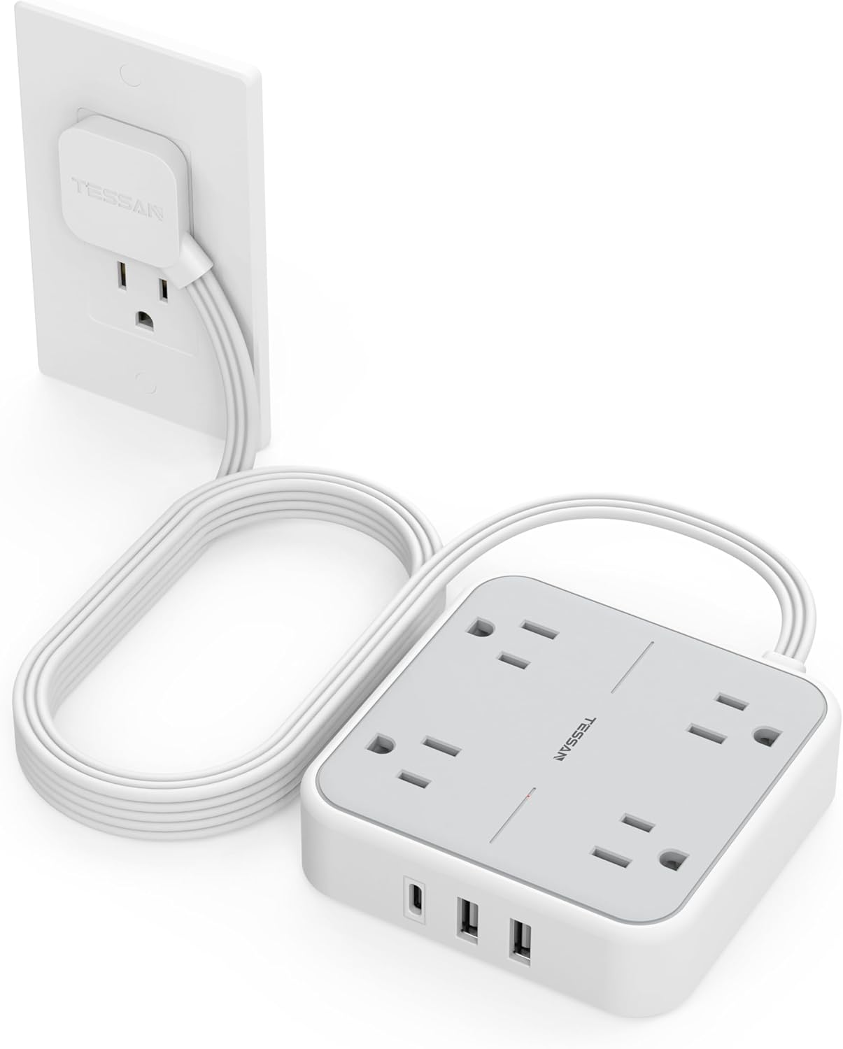 TESSAN Regleta Multicontacto con Protector de Sobretensión, 1.5M Plana Extension Electrica, Enchufe Plano Conector Multiple con 4 Salidas y 3 USB (1 USB C), Hogar Oficina Dorm, Gris