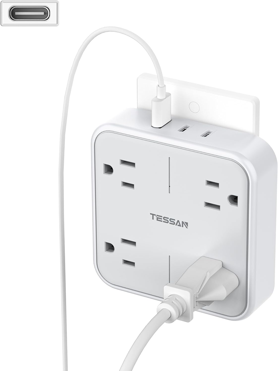 TESSAN Regleta Multicontacto Pared, Protector de Sobretensiones con 4 Enchufes de CA y 3 USB (1 USB C), Conector Multiple Outlet para el Hogar, Oficina, Dormitorio, Viaje Accesorios, Gris