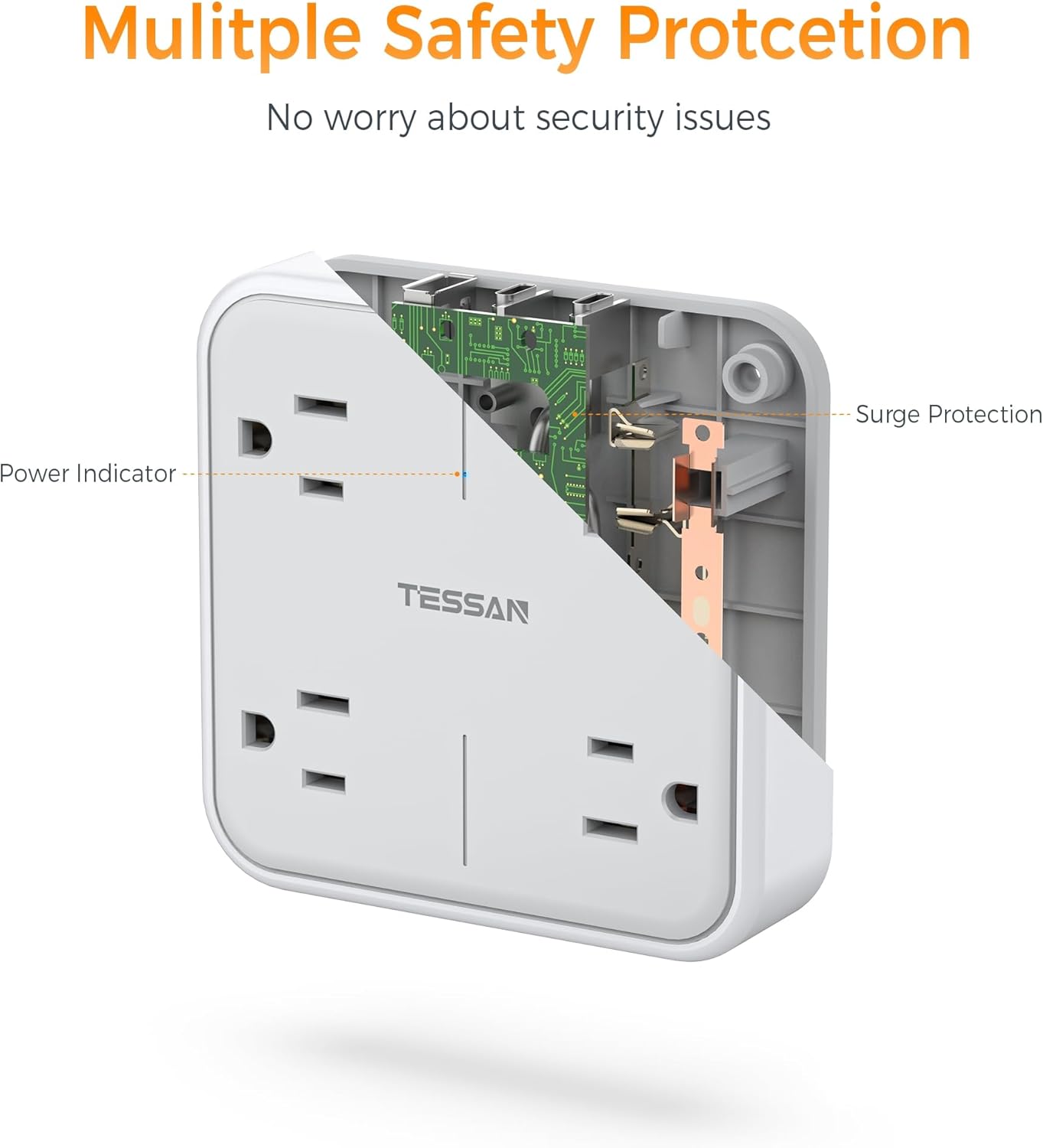 TESSAN Regleta Multicontacto Pared, Protector de Sobretensiones con 4 Enchufes de CA y 3 USB (1 USB C), Conector Multiple Outlet para el Hogar, Oficina, Dormitorio, Viaje Accesorios, Gris