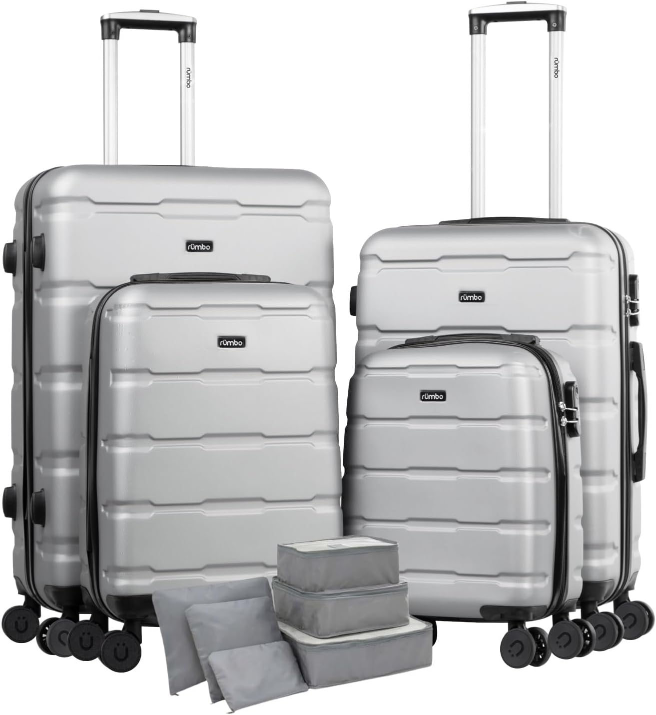 RUMBO | Juego de Maletas De Viaje Rígidas 4 Pzas – Maletas ABS Resistente Gris Plata – Ruedas Giratorias 360°
