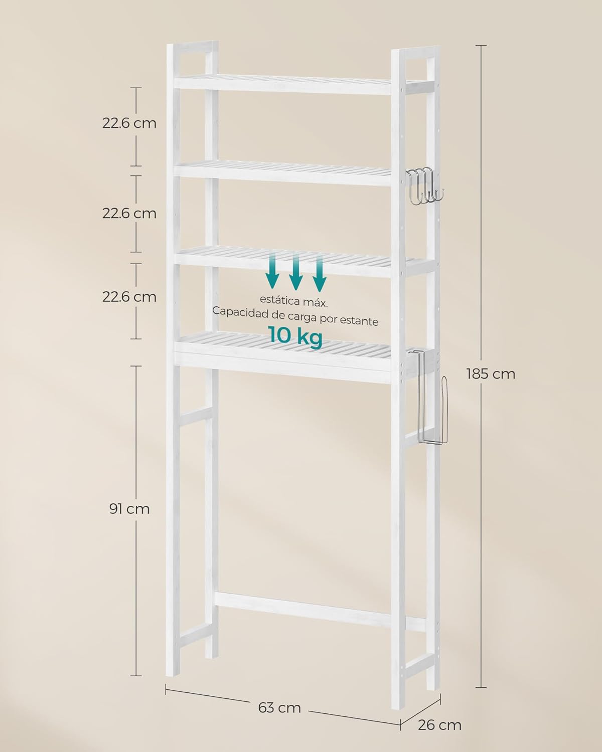 SONGMICS Mueble para Inodoro, Estante sobre Inodoro, Estantería de 3 Niveles, Estante Ajustable, Blanco Nube MBTS01WT