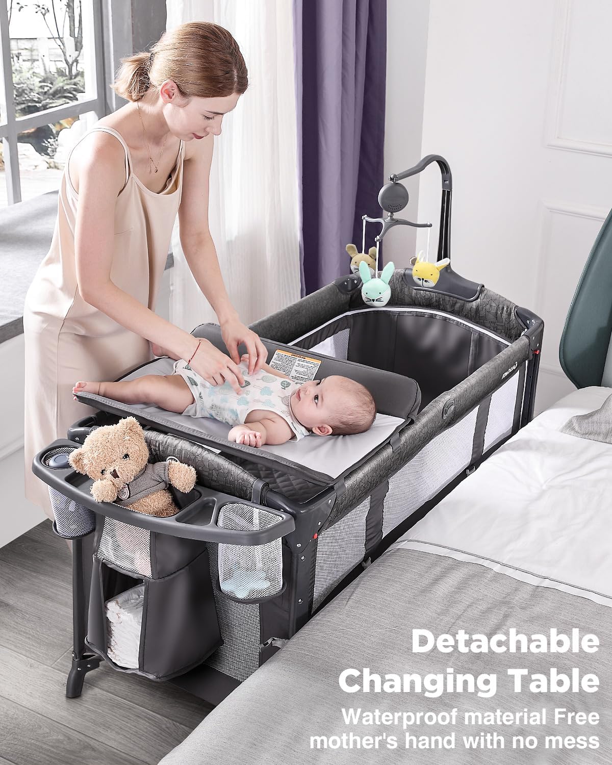 ADOVEL Cuna nocturna para bebé, Pack and Play, viene con colchón, cambiador y parque para recién nacidos y niños pequeños-----Toallitas para babas