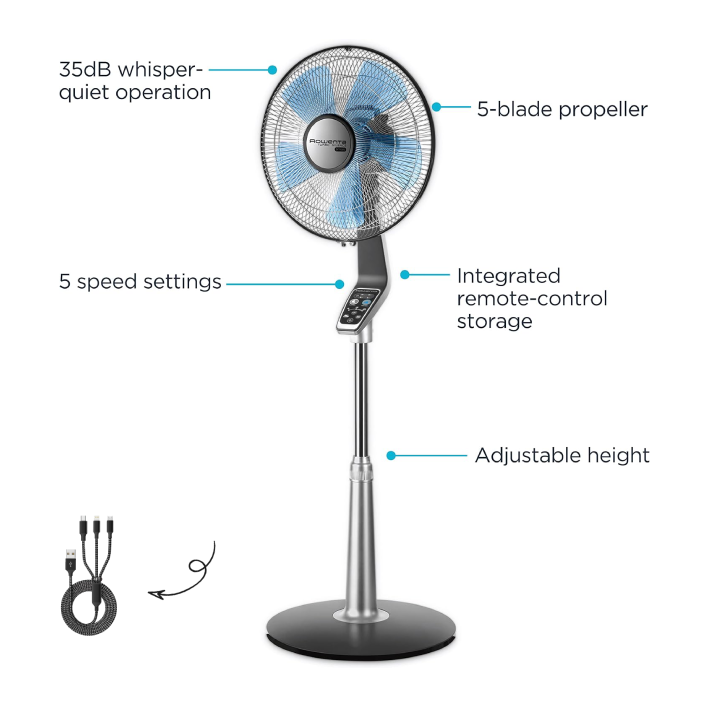 Rowenta Turbo Silence Standing Floor Fan with Remote 53 Inches Ultra Quiet Fan Oscillating, Portable, 5 Speeds, Indoor, Refresh Up to 23-Feet VU5670,Silver