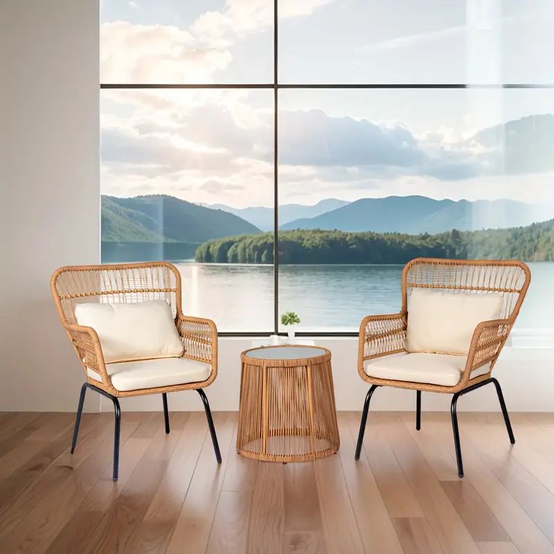 Juego de 3 muebles de mimbre para patio, incluye 2 sillas y una mesa con tapa de vidrio, ideal para porche, exterior, patio trasero, apartamento, balcón, color natural.
