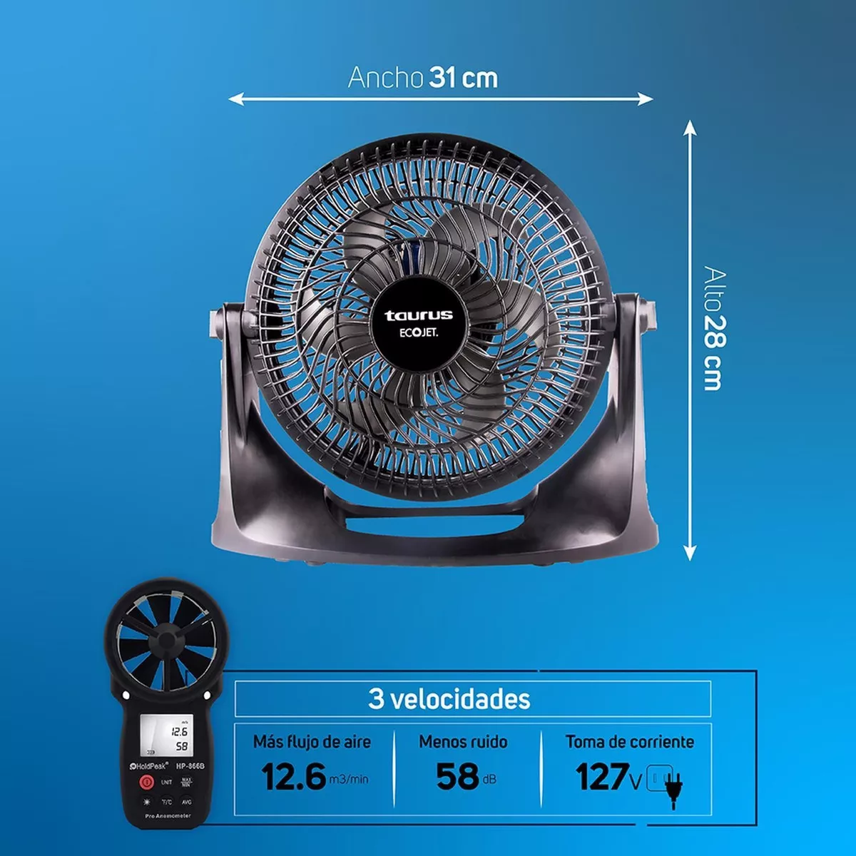 Ventilador Mesa Y Pared Taurus Oasis 10 Pul. Gran Flujo Cantidad de aspas 6 Color de la estructura Negro Diámetro 26 cm Material de las aspas Plástico-clavo