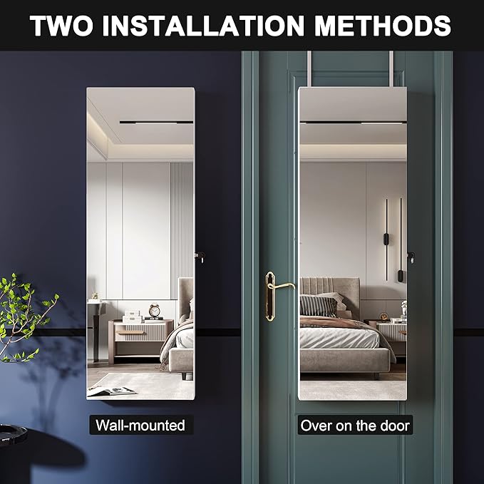 FREDEES - Gabinete de espejo LED con espejo de puerta de 42.5 pulgadas de alto, organizador de joyas montado en la pared, clóset de joyería con espejo de longitud completa, 2 cajas de almacenamiento-Muñeca