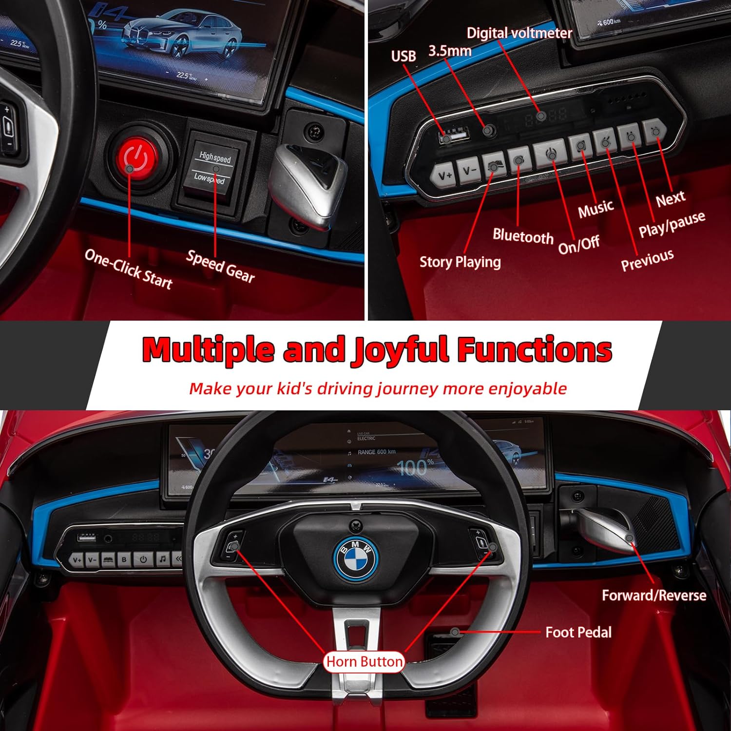 YKUNIR - BMW I4 - Coche eléctrico para niños con control remoto, batería de 12 V, vehículos para niños pequeños para conducir, 3 velocidades, Bluetooth, música, luz LED, cinturón de seguridad (rojo)