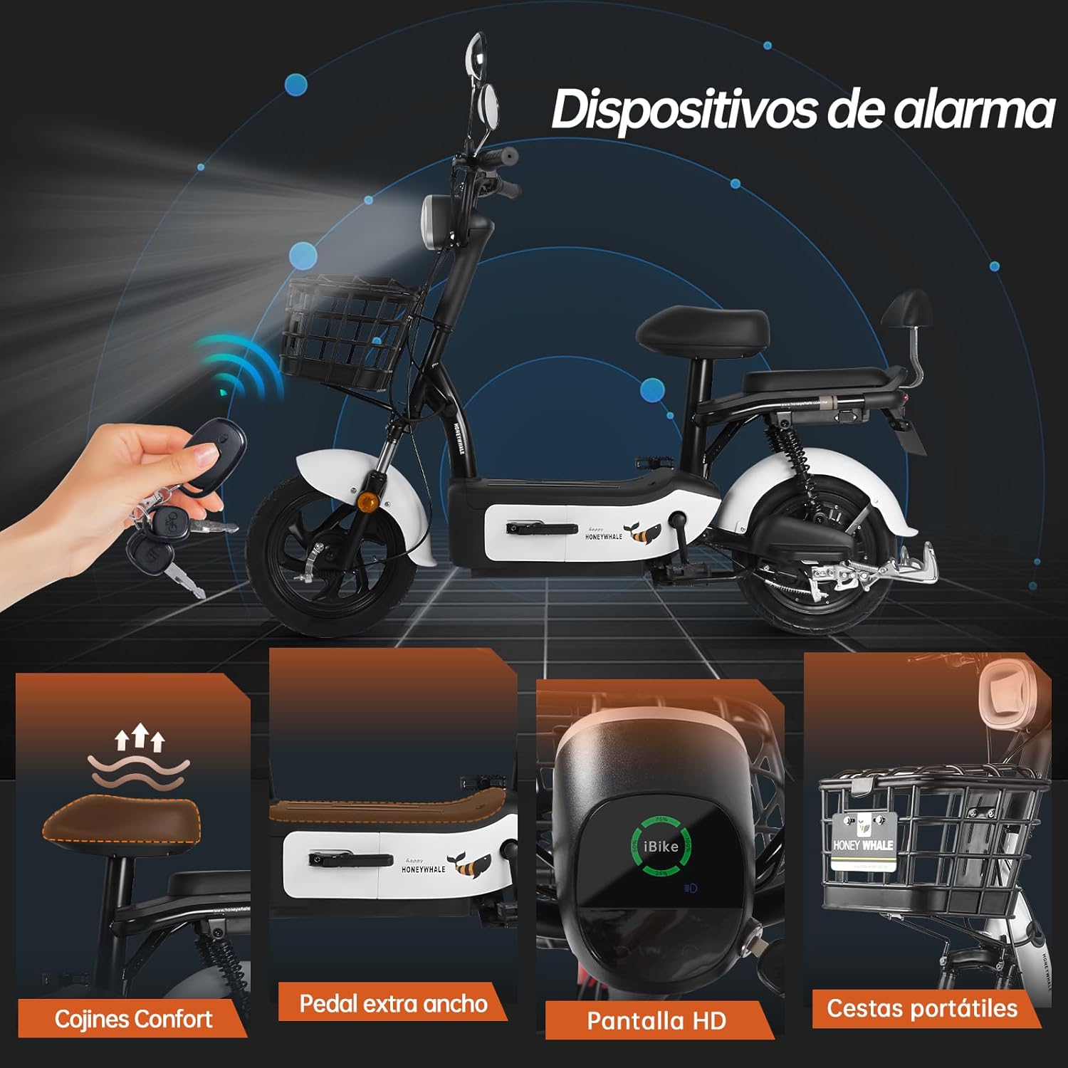 HONEYWHALE U1s Bicicleta Electrica para Adultos, Bicimoto Eléctrica con Alarma, Máxima del Motor 650W, Velocidad Máxima 31KM/H, Autonomía 60-65KM, Baterías de Gran Capacidad de 20AH, Dos Asientos