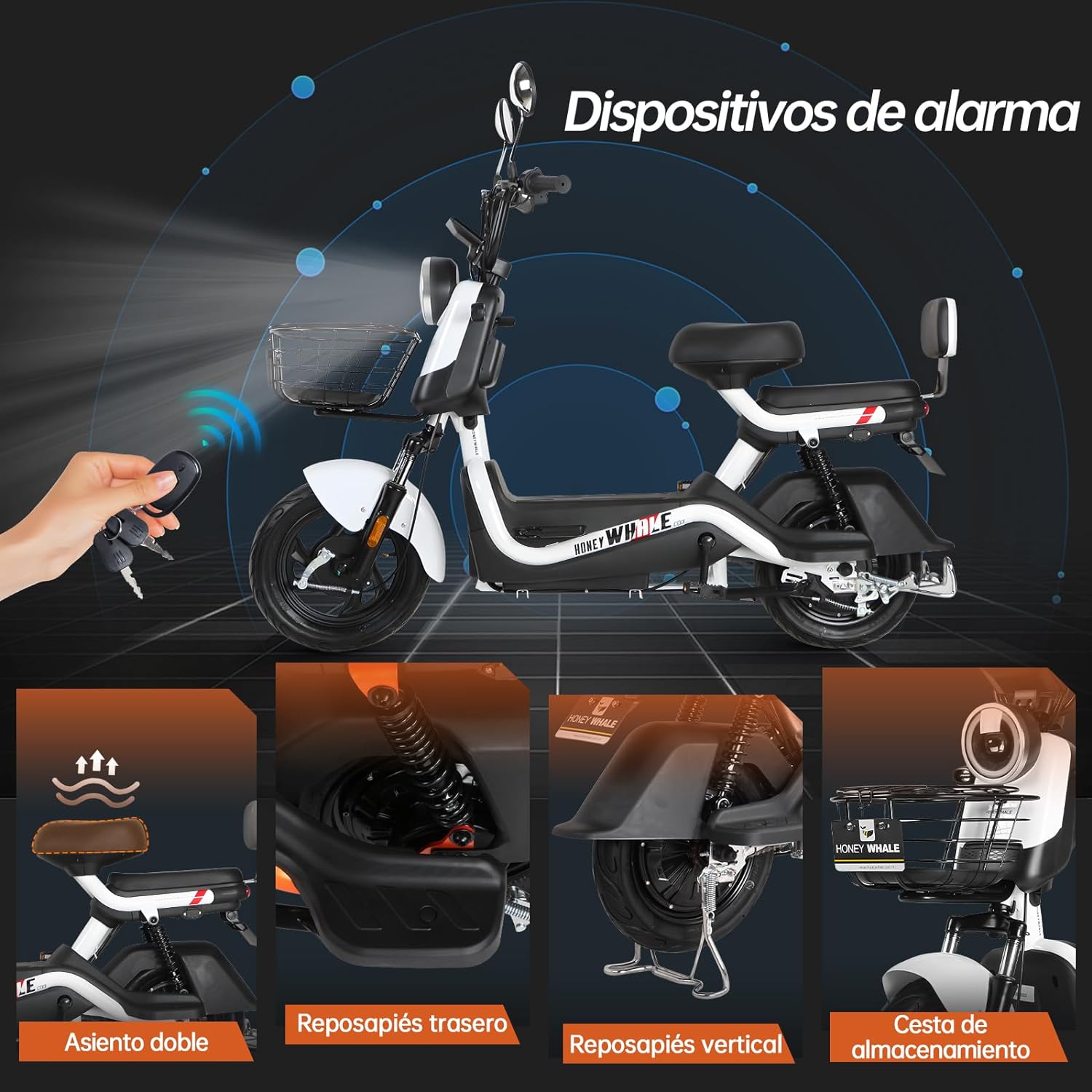 HONEYWHALE U3s Bicicleta eléctrica para adultos, bicicleta eléctrica con alarma, motor máximo 650W, velocidad máxima 31KM/H, autónoma 55-60KM, batería de gran capacidad 20AH, dos asientos----luces de coche