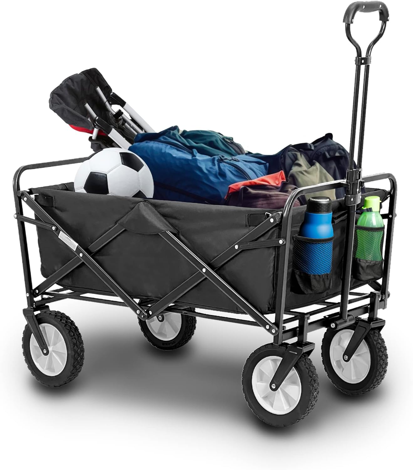 Hikeo Carrito Plegable para Exteriores Portátil para Transportar hasta 70 Kg, Ruedas Giratorias 360°, para Niños y Mascotas, Carretilla de Carga Tipo Wagon Vagón con Bolsas y Estructura Metálica