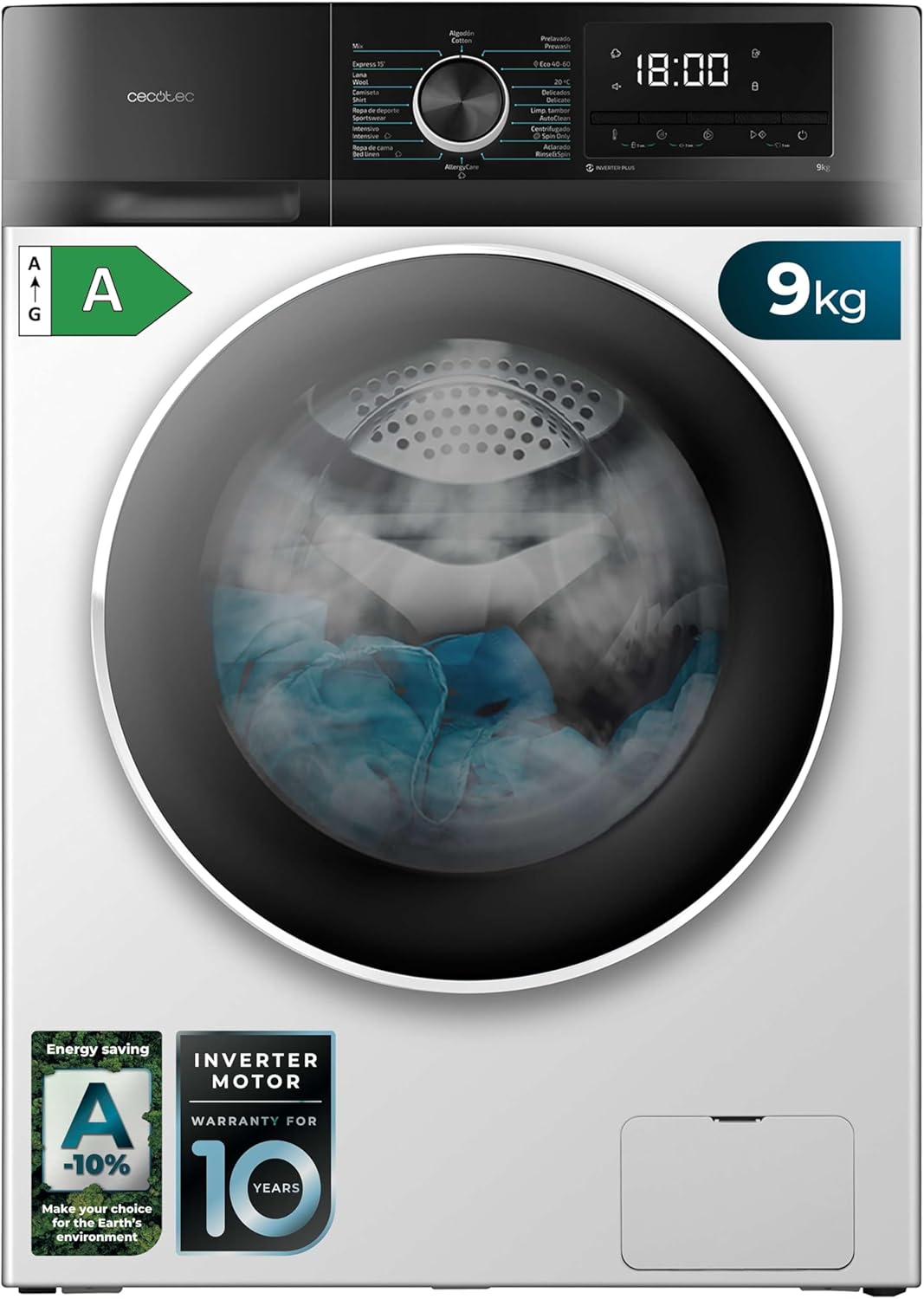 Cecotec Lavadora 8Kg Carga Frontal Bolero Dresscode 8500 Inverter A. 1900W, 1400 rpm, Motor Inverter Plus, Bajo Consumo, 16 Programas, SteamMax, Delay Start, Blanco