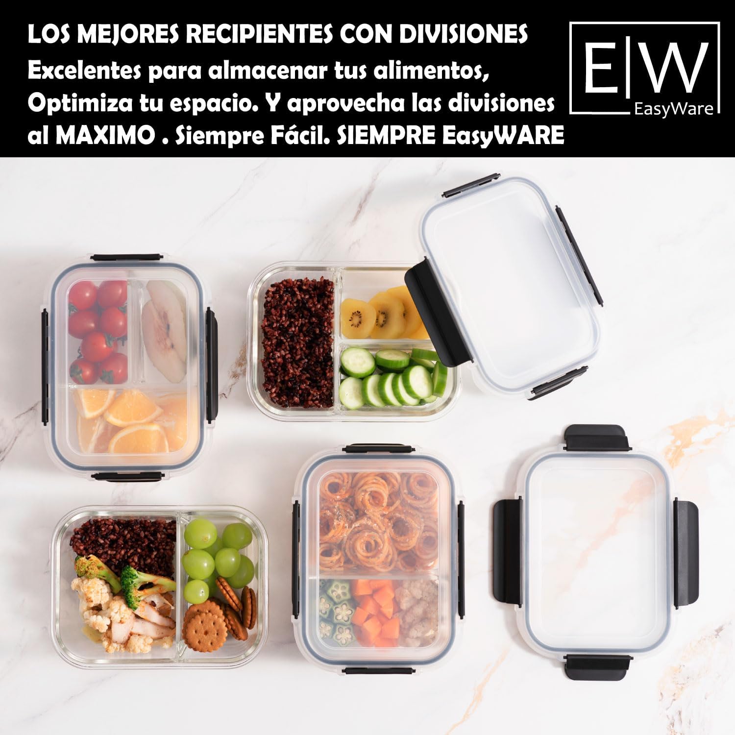 EasyWare JUEGO DE RECIPIENTES DE VIDRIO HERMÉTICO, CONTENEDORES Para Alimentos con Tapas Cierre Fácil, Refractarios para Cocina, Horno, Refrigerador Congelador (JUEGO 10 RECIPIENTES (20 PZ))