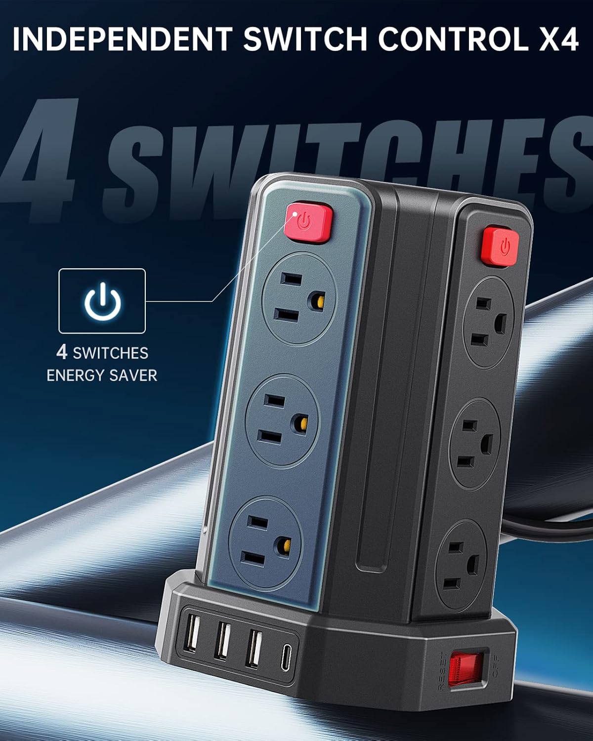SMALLRT Regleta De Alimentación contra Sobretensiones 9.8Ft / 3M 4 Puertos USB Regleta De 12 Salidas con Toma De Cable Largo USB Torre Protectora contra Sobretensiones