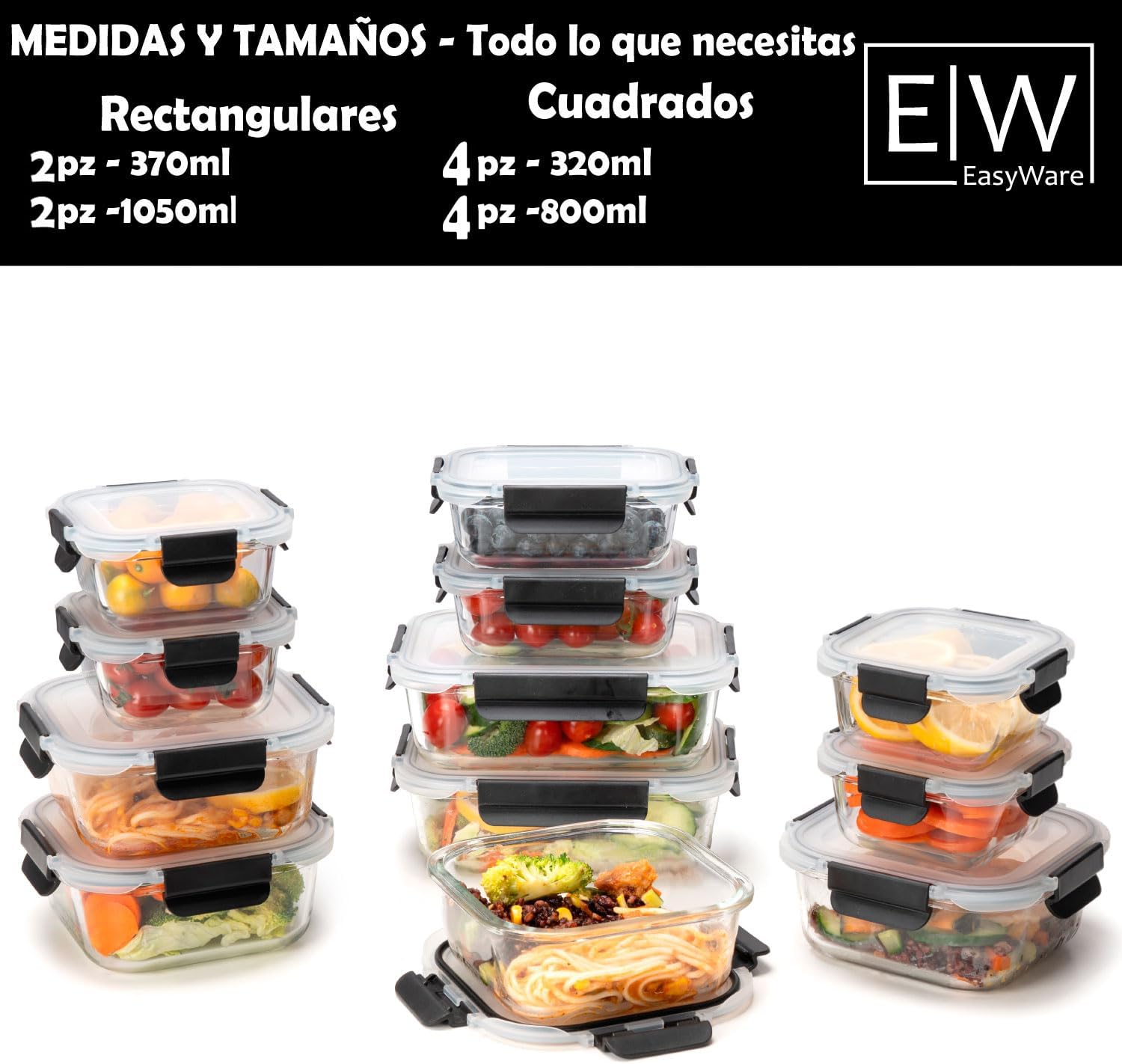 EasyWare JUEGO DE RECIPIENTES DE VIDRIO HERMÉTICO, CONTENEDORES Para Alimentos con Tapas Cierre Fácil, Refractarios para Cocina, Horno, Refrigerador Congelador (JUEGO 10 RECIPIENTES (20 PZ))