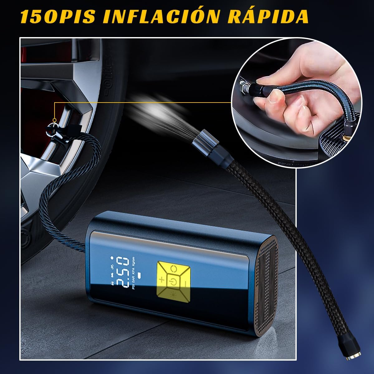 MXCOCO Compresor de Aire Portátil, 150PSI 80 W de Alta Potencia con LED Inteligente,Bomba de neumáticos de Coche de 12 V, Adecuado para Inflar y Presurizar Bicicletas, Autos, Motos y Balones