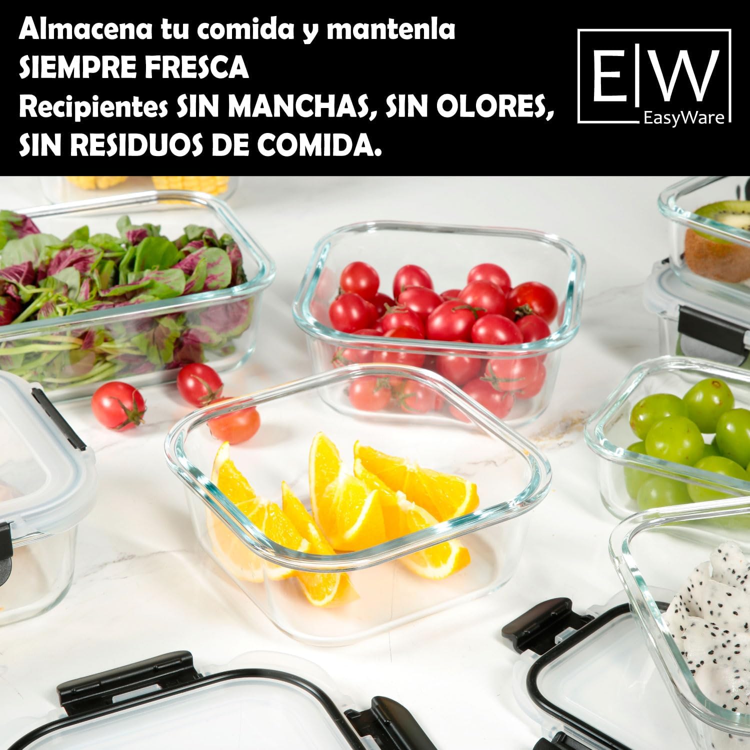 EasyWare JUEGO DE RECIPIENTES DE VIDRIO HERMÉTICO, CONTENEDORES Para Alimentos con Tapas Cierre Fácil, Refractarios para Cocina, Horno, Refrigerador Congelador (JUEGO 10 RECIPIENTES (20 PZ))