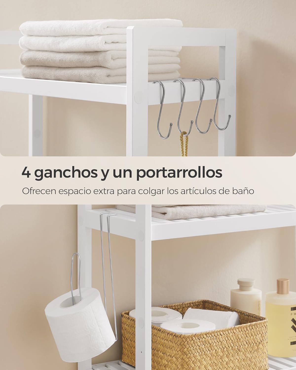 SONGMICS Mueble para Inodoro, Estante sobre Inodoro, Estantería de 3 Niveles, Estante Ajustable, Blanco Nube MBTS01WT