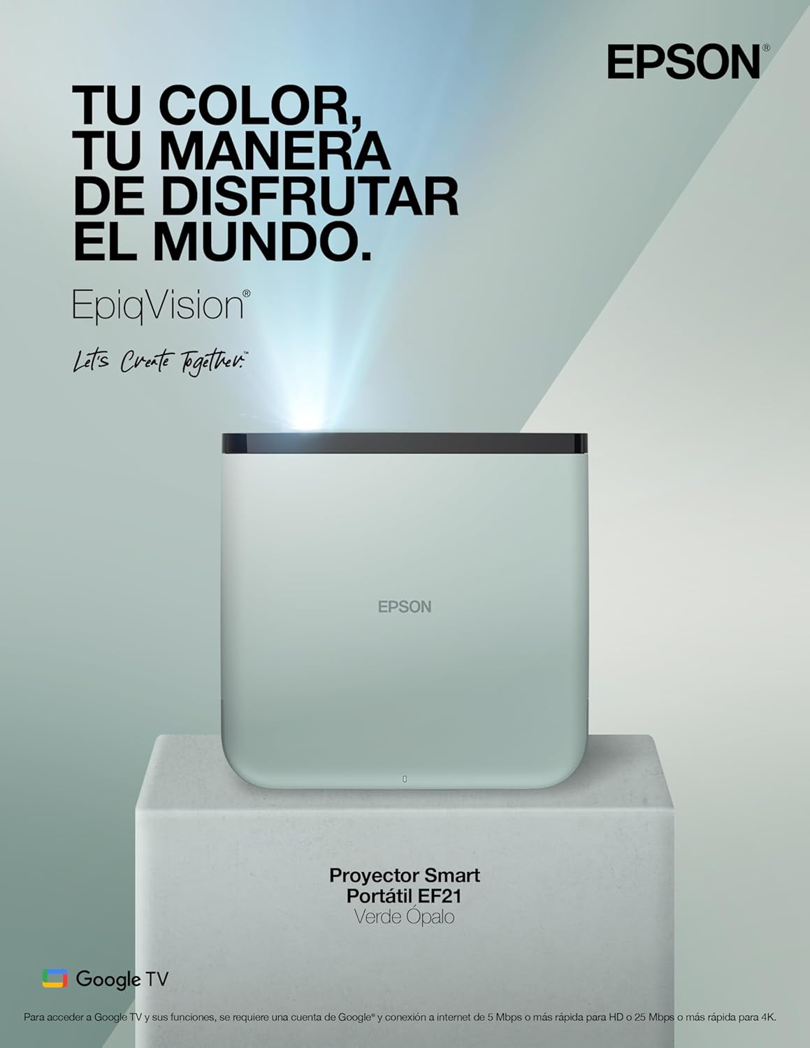 Epson EpiqVision Mini EF21 Proyector láser Inteligente portátil, 1000 lúmenes, FHD 1080p HDR, 3 Chips 3LCD, Google TV, Netflix, Altavoces estéreo, Cine en casa