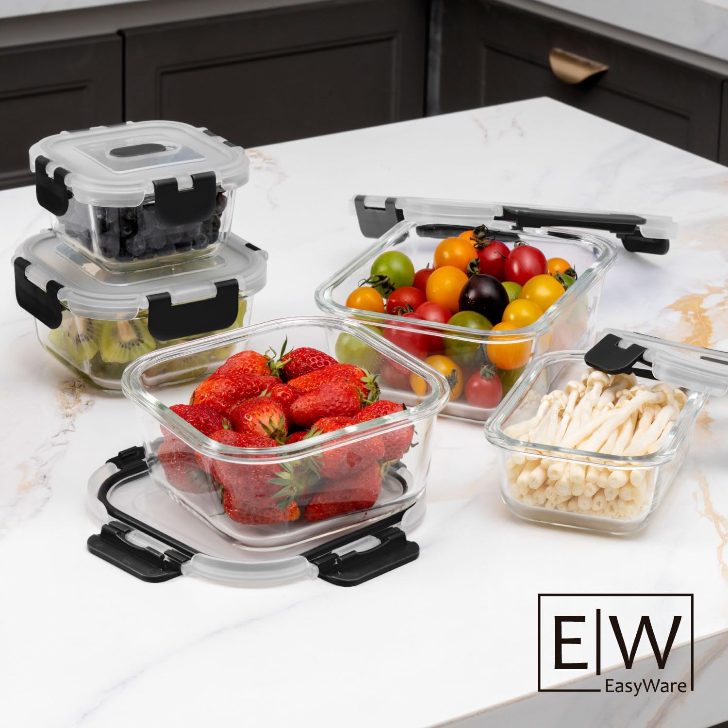 EasyWare JUEGO DE RECIPIENTES DE VIDRIO HERMÉTICO, CONTENEDORES Para Alimentos con Tapas Cierre Fácil, Refractarios para Cocina, Horno, Refrigerador Congelador (JUEGO 10 RECIPIENTES (20 PZ))