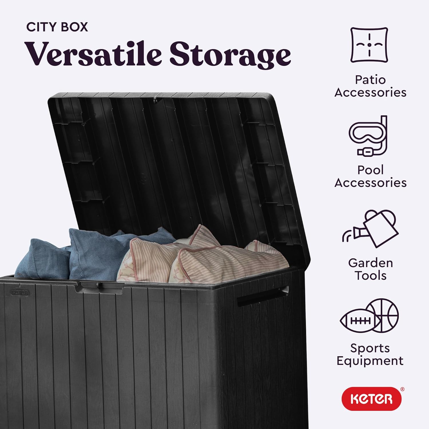 Caja de resina de 30 galones para muebles de patio, accesorios de alberca y almacenamiento para juguetes al aire libre, color gris