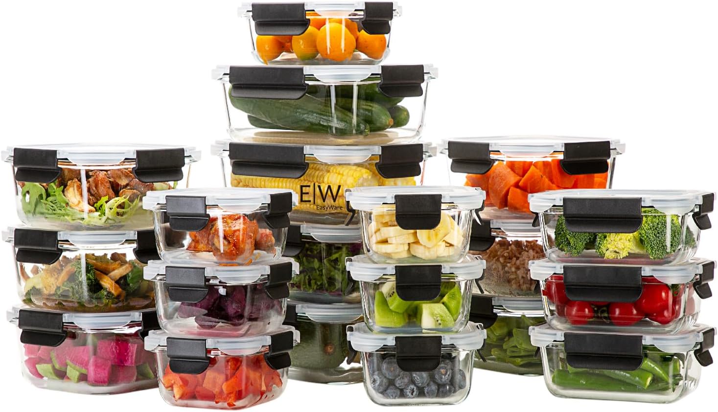 EasyWare JUEGO DE RECIPIENTES DE VIDRIO HERMÉTICO, CONTENEDORES Para Alimentos con Tapas Cierre Fácil, Refractarios para Cocina, Horno, Refrigerador Congelador (JUEGO 10 RECIPIENTES (20 PZ))