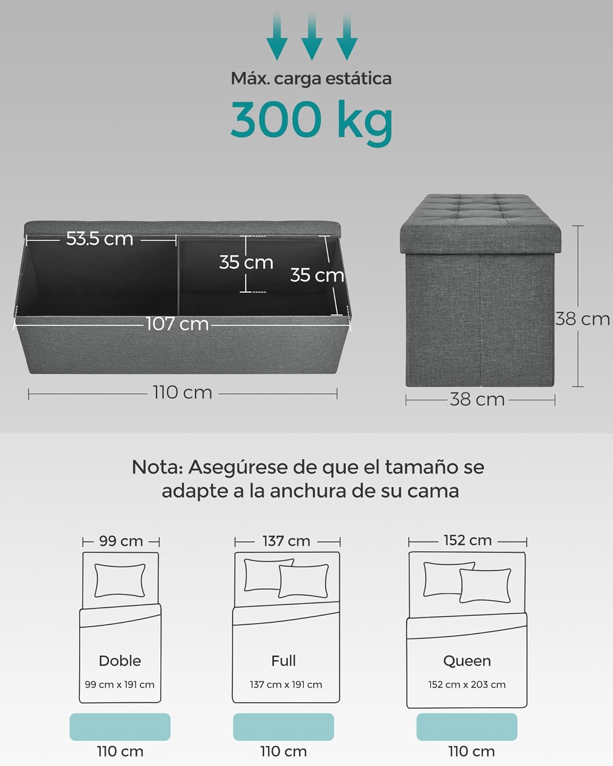 SONGMICS Banco de Almacenamiento, Baúl, Caja de Almacenamiento, Plegable, Carga de 300 kg, 120 L, 110 x 38 x 38 cm