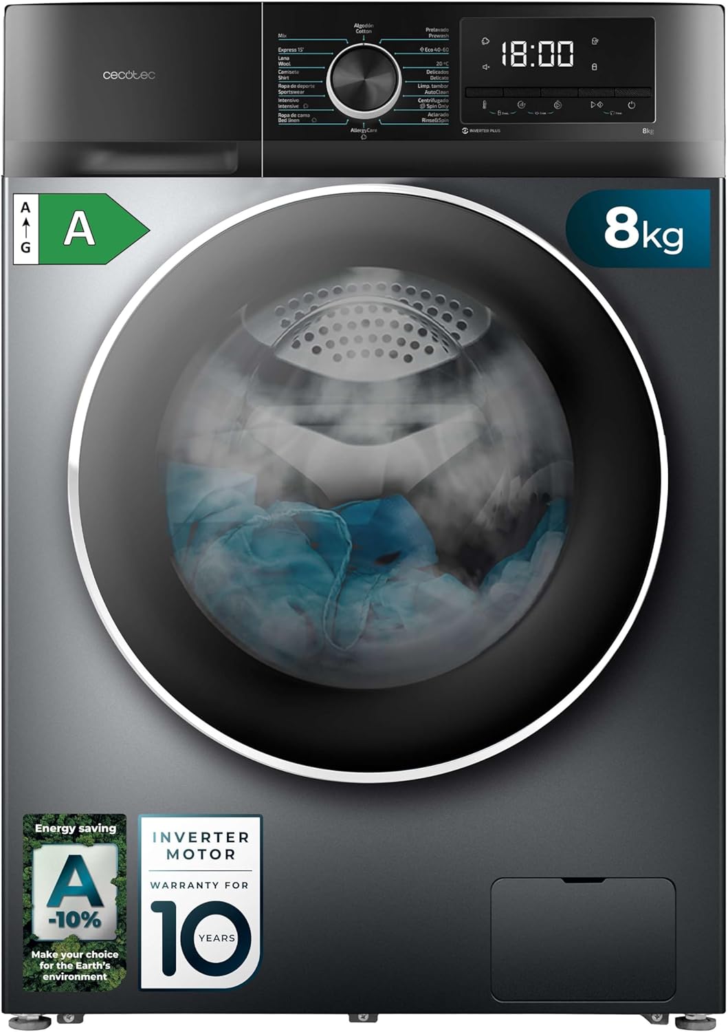 Cecotec Lavadora 8Kg Carga Frontal Bolero Dresscode 8500 Inverter A. 1900W, 1400 rpm, Motor Inverter Plus, Bajo Consumo, 16 Programas, SteamMax, Delay Start, Blanco