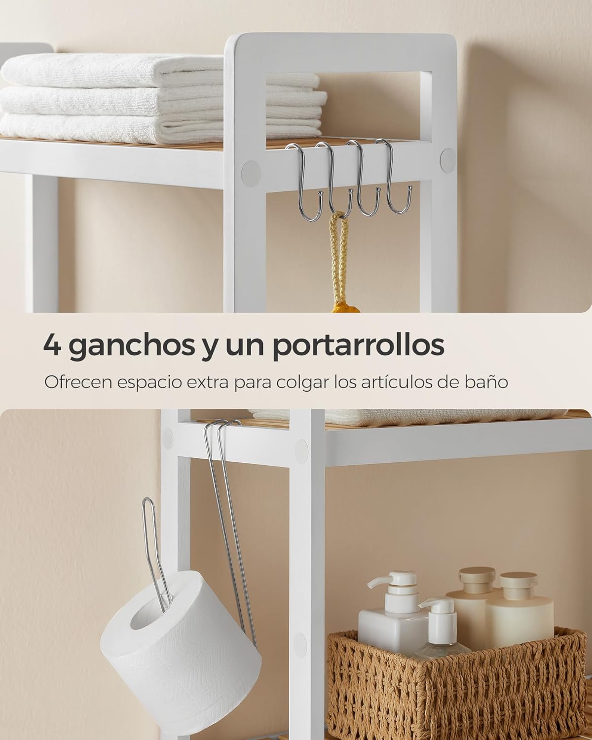 SONGMICS Mueble para Inodoro, Estante sobre Inodoro, Estantería de 3 Niveles, Estante Ajustable, Blanco Nube MBTS01WT