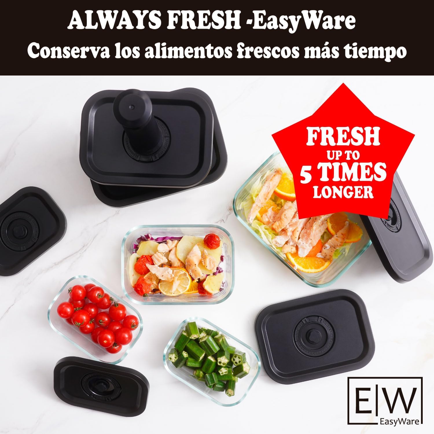 EasyWare JUEGO DE RECIPIENTES DE VIDRIO HERMÉTICO, CONTENEDORES Para Alimentos con Tapas Cierre Fácil, Refractarios para Cocina, Horno, Refrigerador Congelador (JUEGO 10 RECIPIENTES (20 PZ))