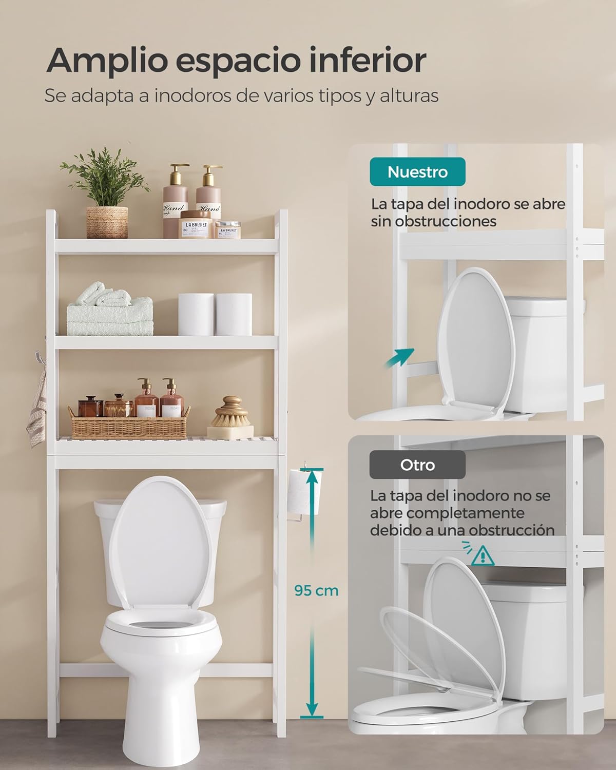 SONGMICS Mueble para Inodoro, Estante sobre Inodoro, Estantería de 3 Niveles, Estante Ajustable, Blanco Nube MBTS01WT