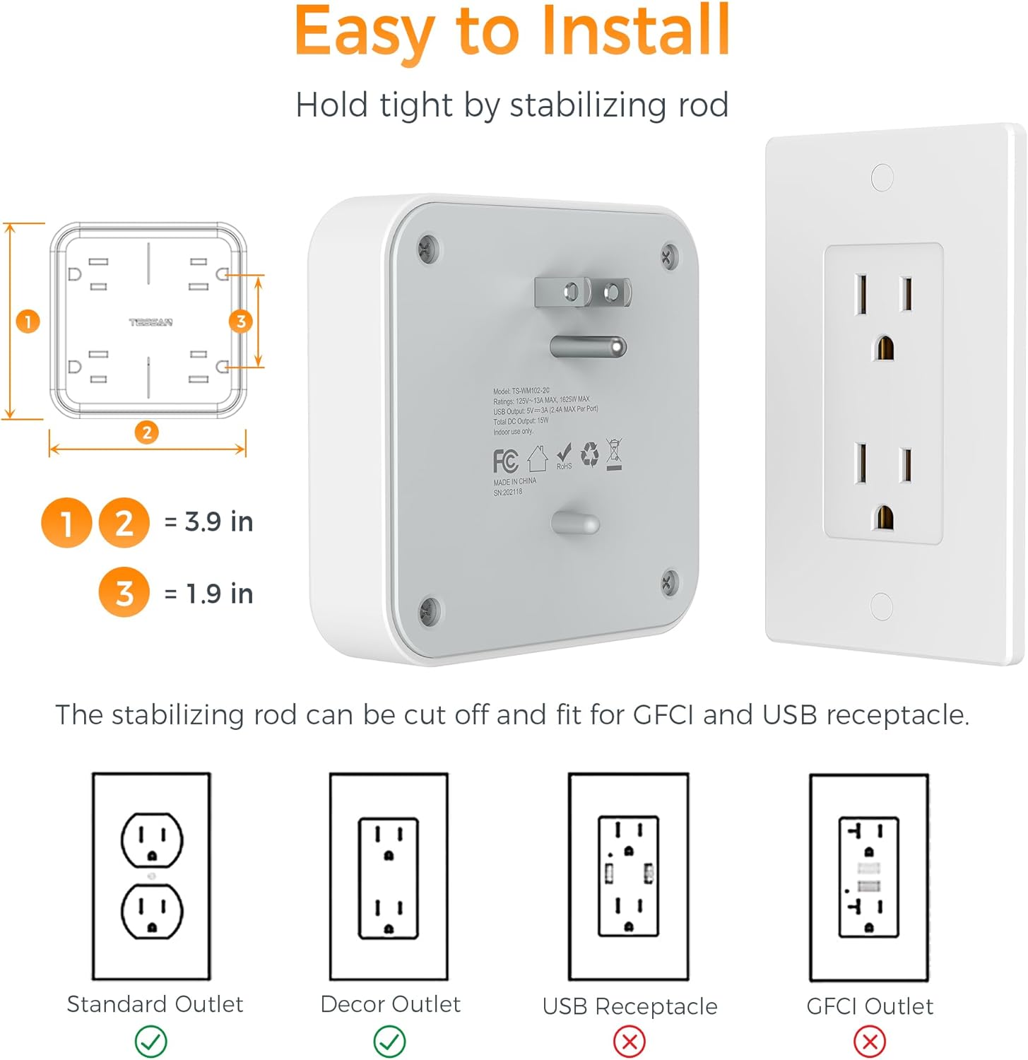 TESSAN Regleta Multicontacto Pared, Protector de Sobretensiones con 4 Enchufes de CA y 3 USB (1 USB C), Conector Multiple Outlet para el Hogar, Oficina, Dormitorio, Viaje Accesorios, Gris
