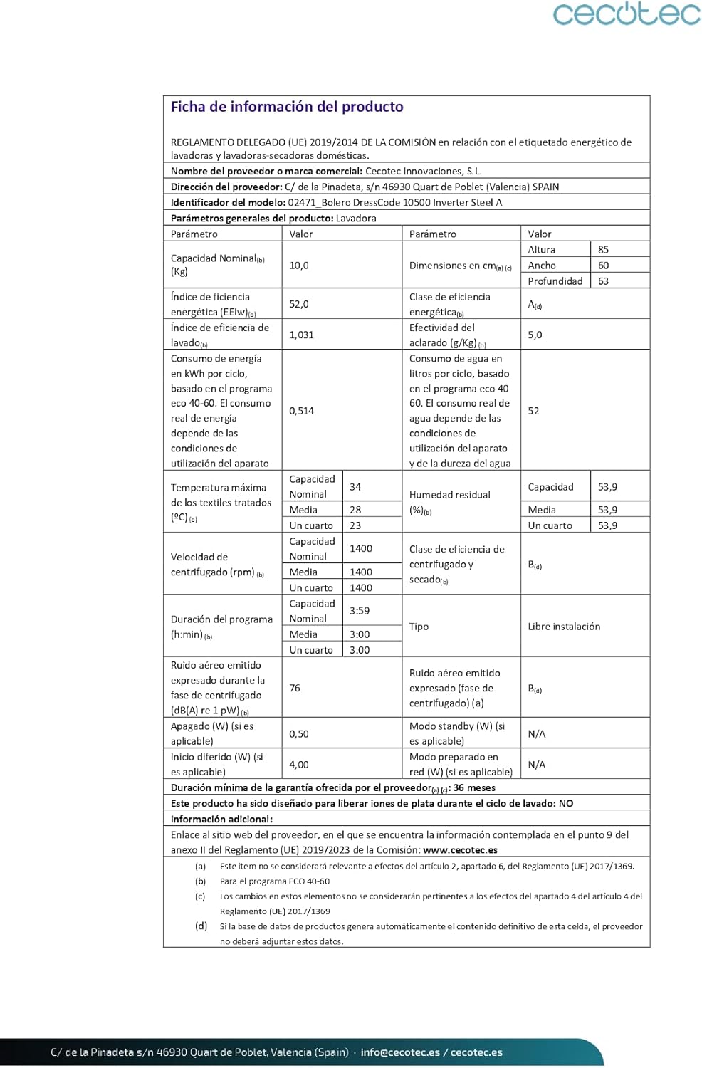 Cecotec Lavadora 8Kg Carga Frontal Bolero Dresscode 8500 Inverter A. 1900W, 1400 rpm, Motor Inverter Plus, Bajo Consumo, 16 Programas, SteamMax, Delay Start, Blanco
